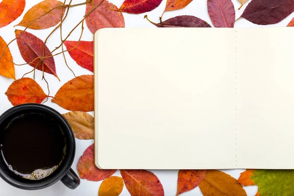 Open Kladblok met vallende herfstbladeren en kopje koffie — Stockfoto