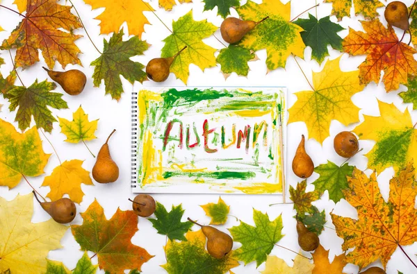 Word automne dans un album aux feuilles d'automne — Photo