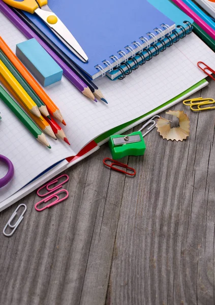 School supplies on wooden table with copy space — Stock Photo, Image