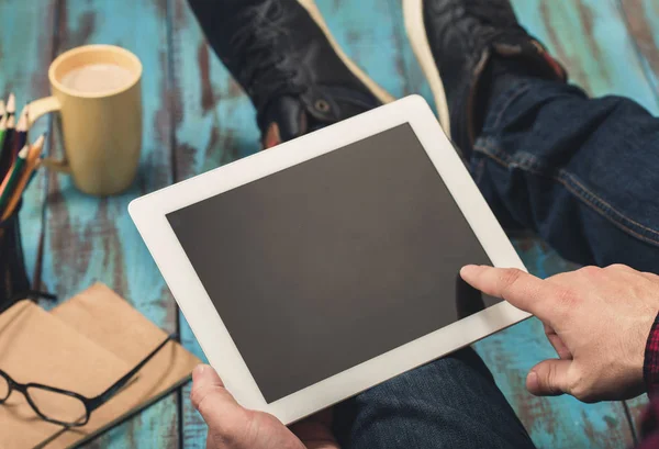 White tablet with copy space in male hands — Stock Photo, Image