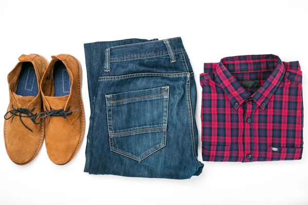 Mäns kläder collage med skjorta, jeans och skor — Stockfoto