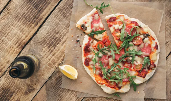 Pizza with salami, cherry tomato — Stock Photo, Image