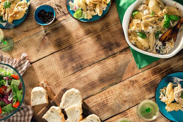 Frame of Italian pasta, salad and wine — Stock Photo, Image