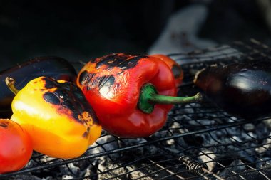 Kırmızı ve sarı biber, patlıcan, domates ızgara ızgara