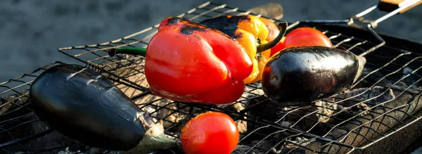 Rote und gelbe Paprika, Auberginen und Tomaten auf Grill — Stockfoto