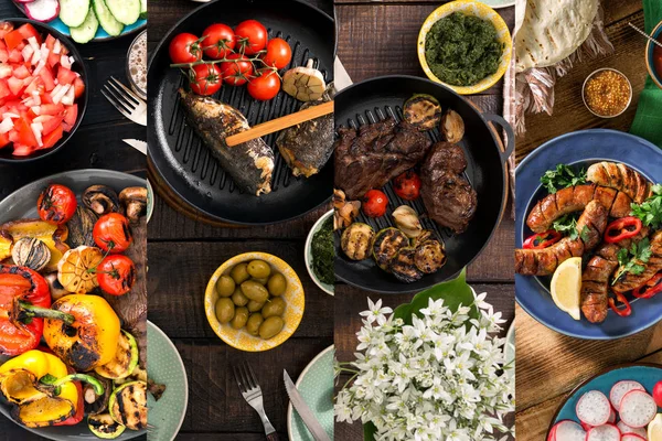 Koláž z různých potravin vaření na grilu — Stock fotografie