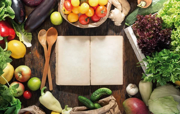 Rund um leeres Kochbuch-Set gesunde Ernährung. gesunde Ernährung Hintergrund — Stockfoto