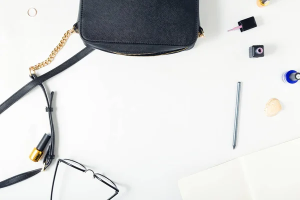 Workspace with leather bag — Stock Photo, Image