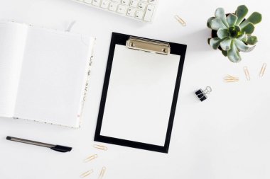 Sulu, Pano, günlüğü, klavye, altın klipleri ve kalem beyaz, düz yatıyordu, en iyi görünüm kadınsı Resepsiyon çalışma alanı