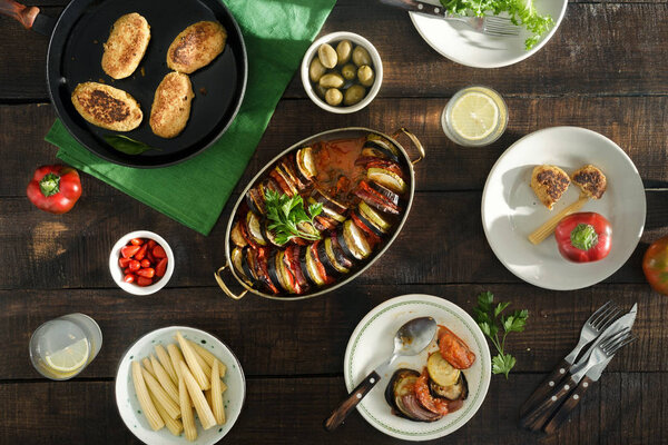 Vegetarian table different food. Ratatouille, chickpeas cutlets 