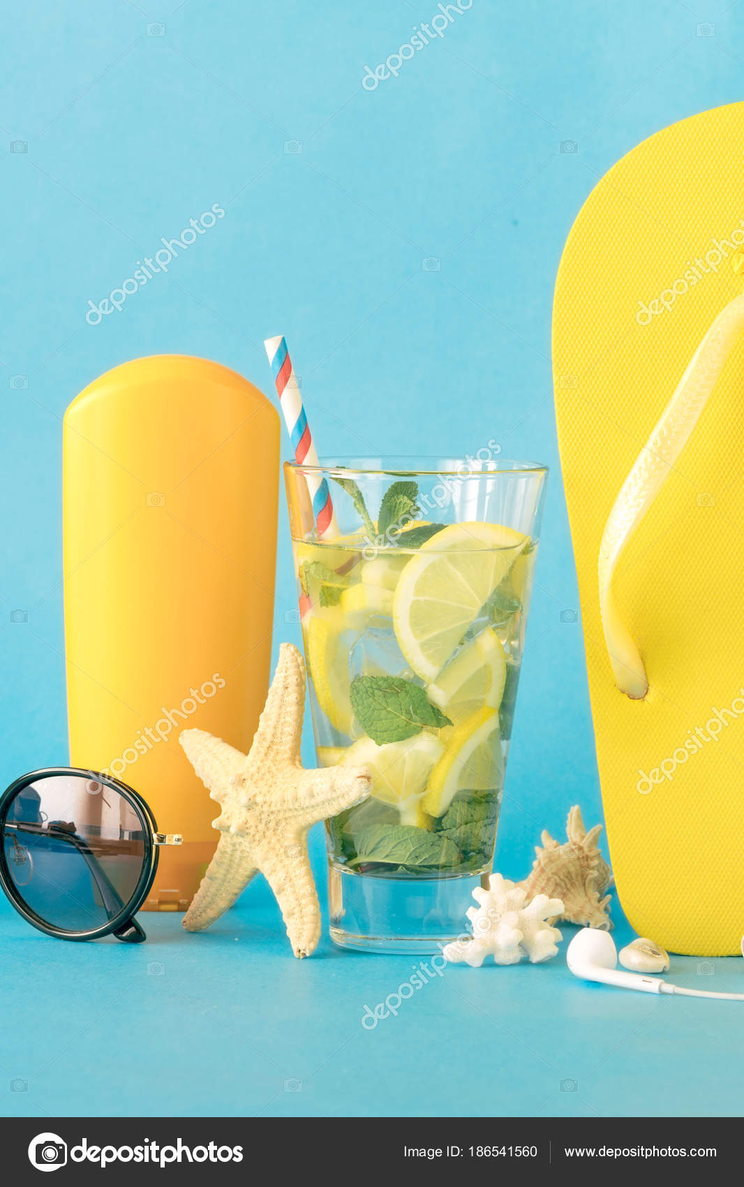 Summer Refreshing Cocktail Flip Flops Beach Accessories Blue Background