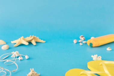 Deniz ve plaj aksesuarları üzerinde mavi arka plan ile floplar flip