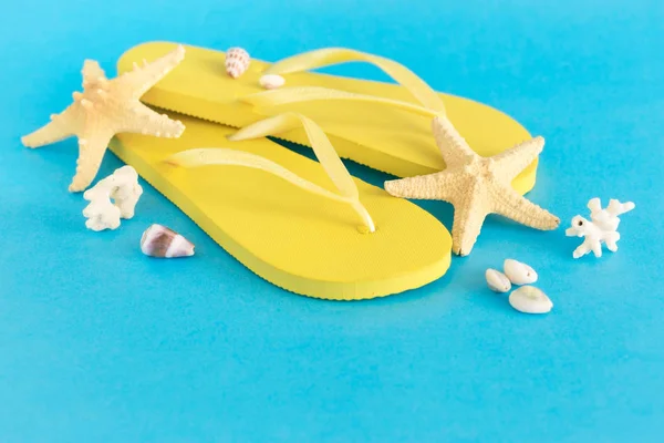 Flip Flops Med Snäckskal Blå Bakgrund — Stockfoto