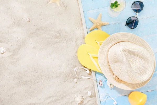 Travel Vacation Concept Traveler Accessories Sand Straw Hat Sunglasses Flip — Stock Photo, Image