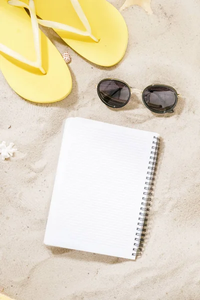 Traveler Accessories Blank Notepad Sunglasses Flip Flops Travel Vacation Concept — Stock Photo, Image