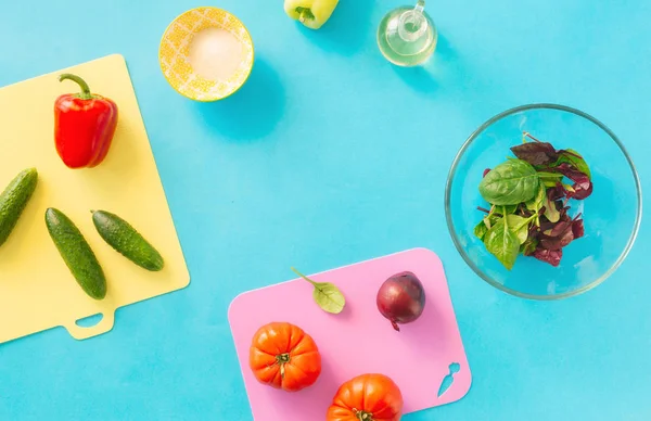 Frame Ingredients Cooking Summer Salad Blue Background Top View Healthy — Stock Photo, Image