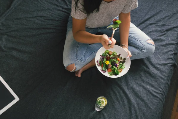 Top View Young Woman Eating Salad Sitting Bed Home — Stock Photo, Image