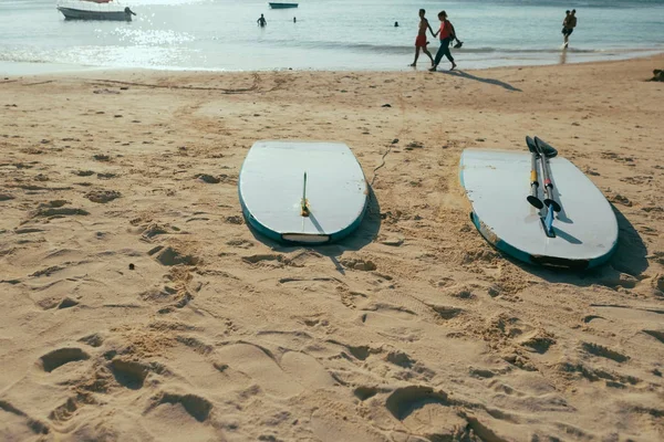 View of surfboards on sand beach at sunny day