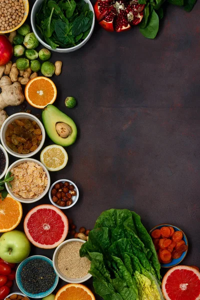 Bovenaanzicht Instellen Schoon Eten Vegetarisch Gezonde Voeding Verschillende Groenten Fruit — Stockfoto