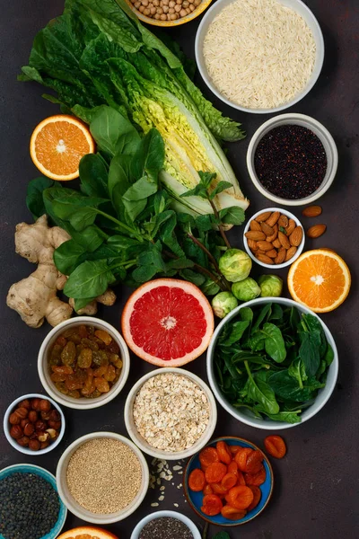 Flat Lay Set Limpo Comer Comida Vegetariana Verduras Frutos Diferentes — Fotografia de Stock