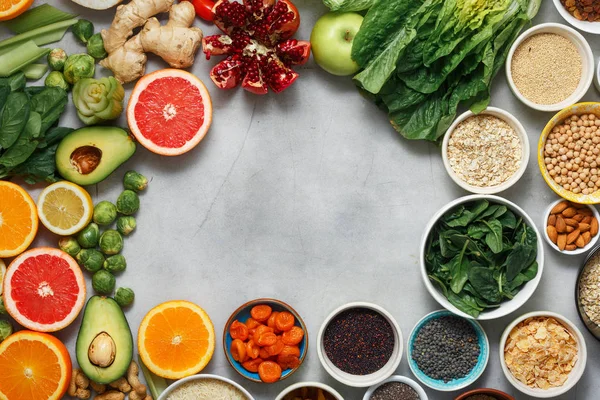 Vista Superior Concepto Alimentación Limpia Marco Comida Vegetariana Saludable Diferentes —  Fotos de Stock