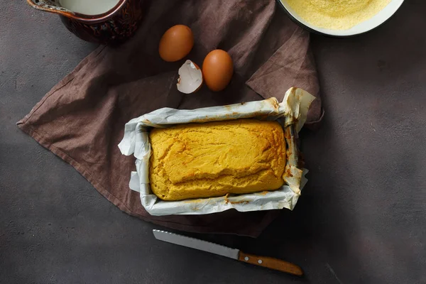 Fresh Loaf Homemade Corn Bread Dark Background Top View — Stock Photo, Image