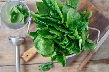 ahşap masa sosu yemek pişirmek için blender ile taze yeşil demet ıspanak yaprakları