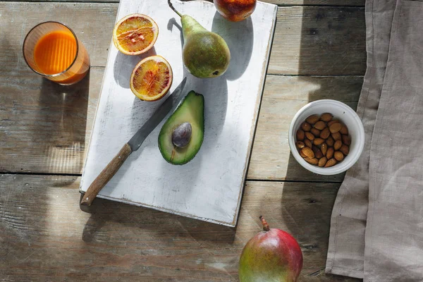 Set Various Fruits Nuts Carrot Juice Wooden Table Top View — Stock Photo, Image