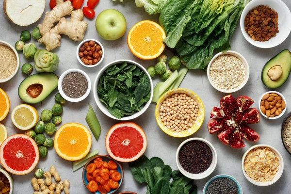 Bovenaanzicht Plat Leggen Van Verschillende Vegetarische Ingrediënten Voor Het Bereiden — Stockfoto