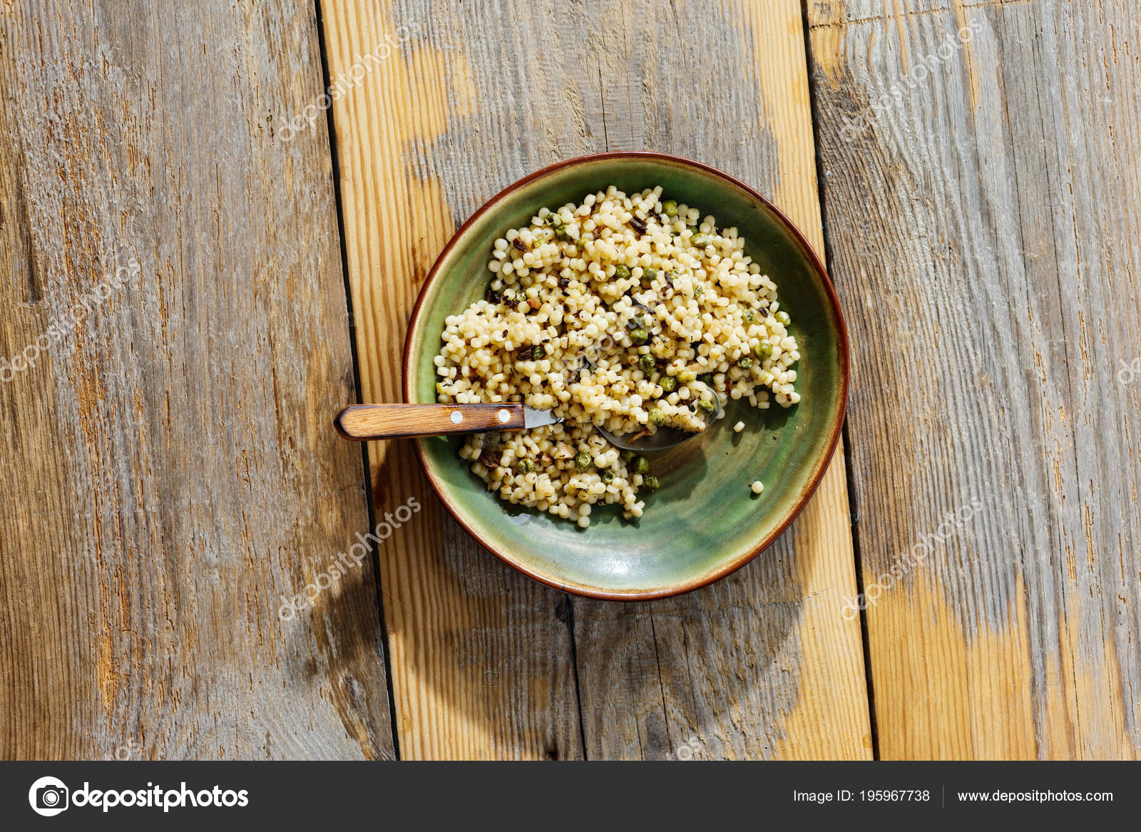 Pearl Barley Couscous Green Peas Wooden Table Top View Healthy — Stock