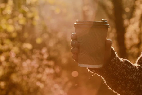 Vrouw Hand Houdt Kopje Koffie Ochtend Zonlicht Het Najaar Park — Stockfoto