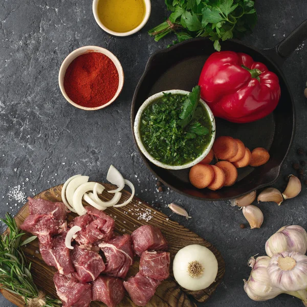 Ingredientes Para Cocinar Carne Con Verduras Una Vista Superior Fondo — Foto de Stock