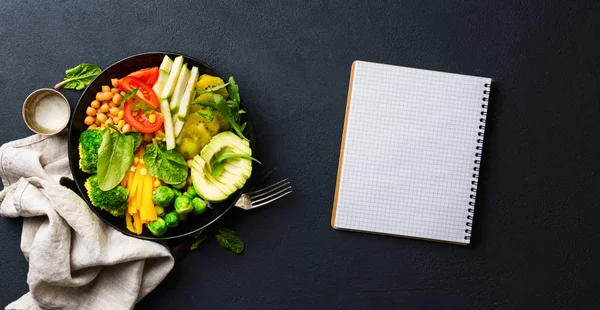 Vegan Healthy Balanced Diet Concept Vegetarian Buddha Bowl Blank Notebook — Stock Photo, Image