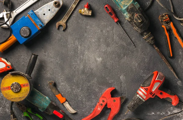 Frame Construction Worker Tools Dark Background Top View Remodelový Koncept — Stock fotografie