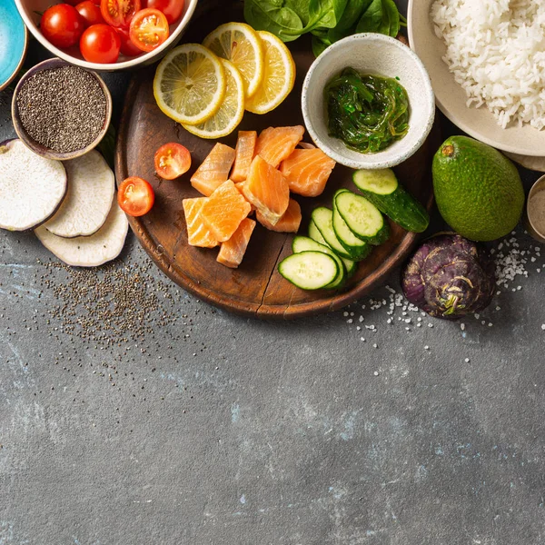 Ingrédients Pour Préparation Poke Bowl Avec Saumon Avocat Légumes Graines — Photo