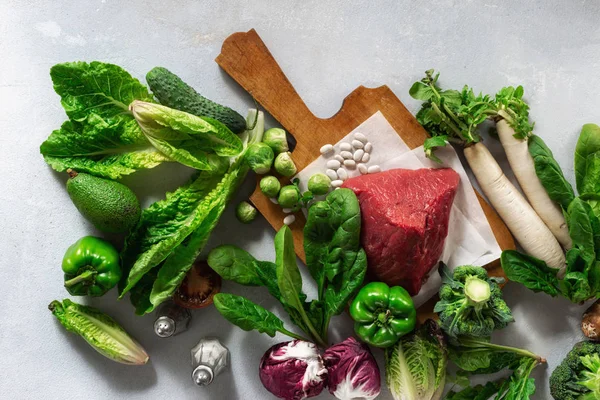 Ingredienti Crudi Alimentazione Sana Equilibrata Verdure Carne Mangiare Pulito Concetto — Foto Stock