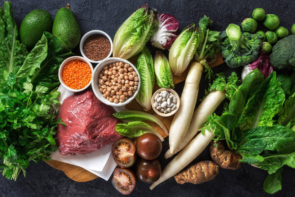 Healthy diet and balanced nutrition ingredients: vegetables, grain and meat. Nutrition, clean eating food concept top view