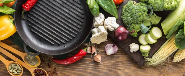Top View Λαχανικά Συστατικά Για Μαγείρεμα Χορτοφάγους Ψητό Φαγητό Πάνω — Φωτογραφία Αρχείου