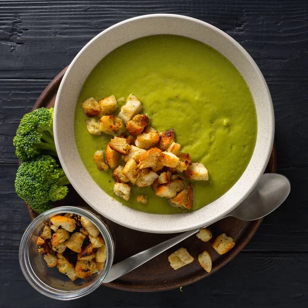 Bowl Cream Broccoli Soup Bread Croutons Wooden Background — Stock Photo, Image