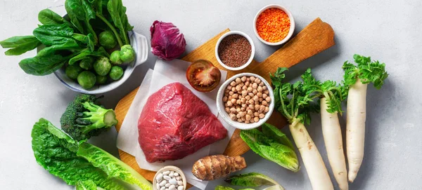 Evenwichtige Voeding Gezonde Voedingsingrediënten Groenten Graan Vlees Voeding Schoon Eten — Stockfoto