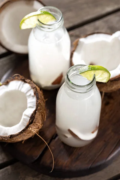 Coconut Water Bottles Wooden Table Healthy Drinks Concept — Stock Photo, Image