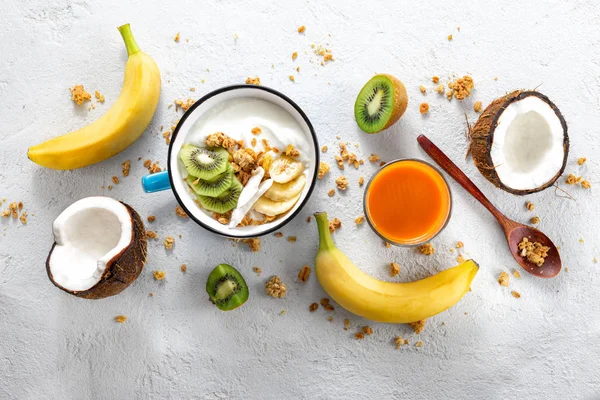 Probiotisches Ernährungskonzept Schüssel Mit Hausgemachtem Kokosjoghurt Mit Müsli Und Frischen — Stockfoto