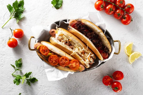 Three Different Hot Dog Grills Served Pan Light Background Top — Stock Photo, Image