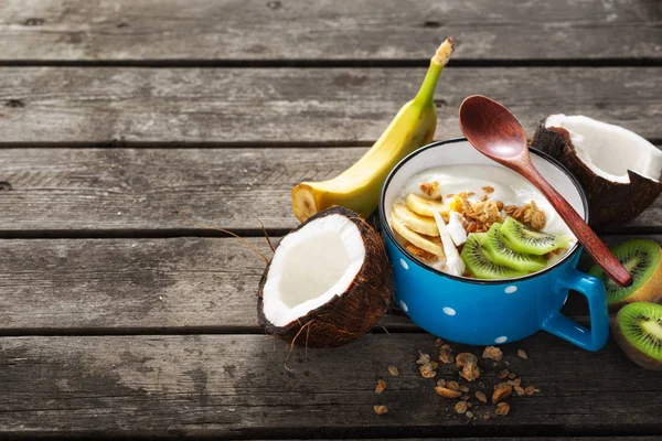 Coconut Yogurt Fruits Granola Served Wooden Table Copy Space Probiotic — Stock Photo, Image