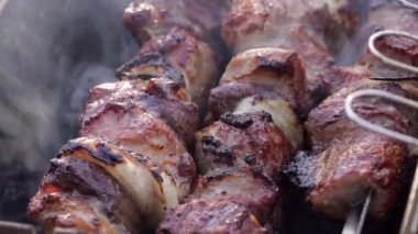 Izgarada sulu et şiş kebap pişiriyorum. Açık hava eğlence konsepti