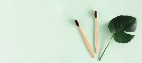 Zero Waste Concept Top View Natural Eco Bamboo Toothbrush Monstera — Stock Photo, Image