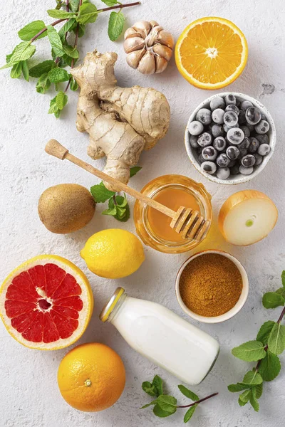 Produk Sehat Untuk Kekebalan Meningkatkan Pandangan Atas Sayuran Dan Buah — Stok Foto