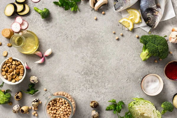 Вид Зверху Рамка Сирих Інгредієнтів Приготування Їжі Смачної Здорової Їжі — стокове фото