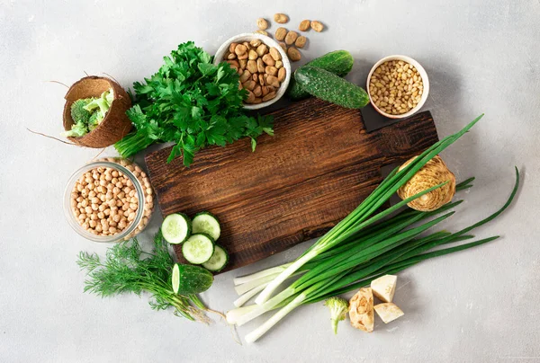 Conceito Alimentação Saudável Limpa Top View Ingredientes Vegetais Para Cozinhar — Fotografia de Stock