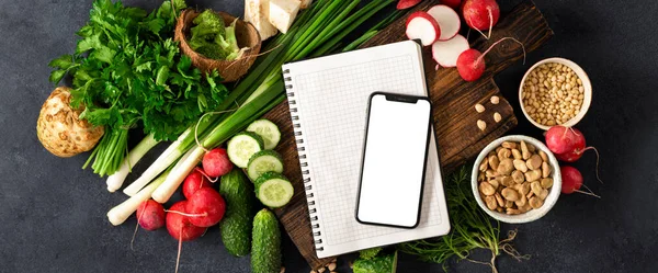 Rendeljen Online Élelmiszer Koncepció Okostelefon Üres Képernyővel Jegyzettömbbel Hozzávalókkal Vegán — Stock Fotó